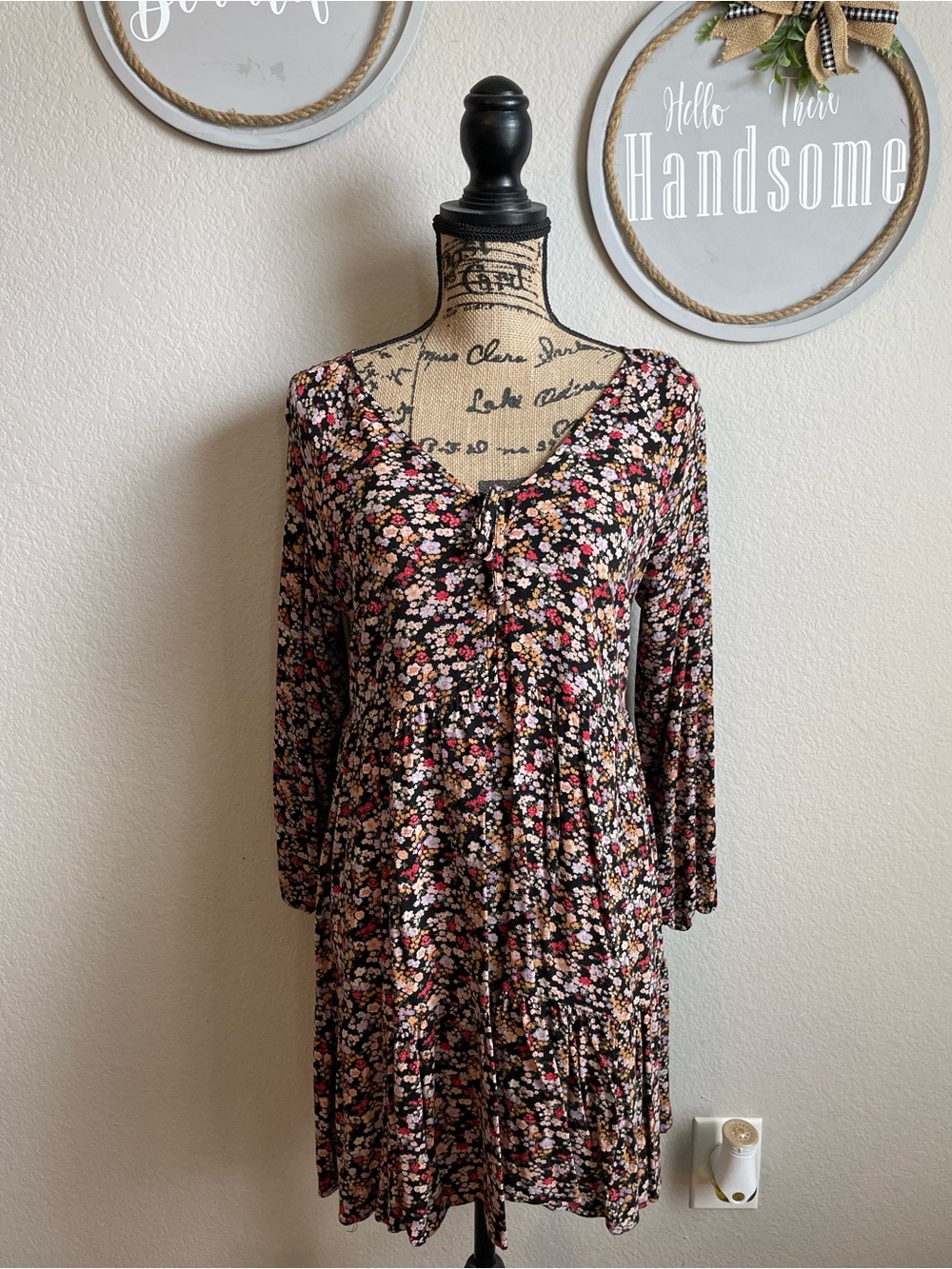 American Eagle Outfitters Black Floral Babydoll Dress with Pink & Cream Accents
